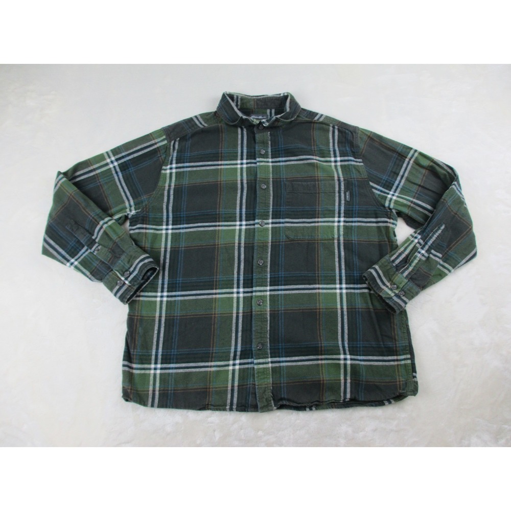 Eddie Bauer Shirt Mens 2XL XXL Green Plaid Flannel Camping Casual‎ Button Up